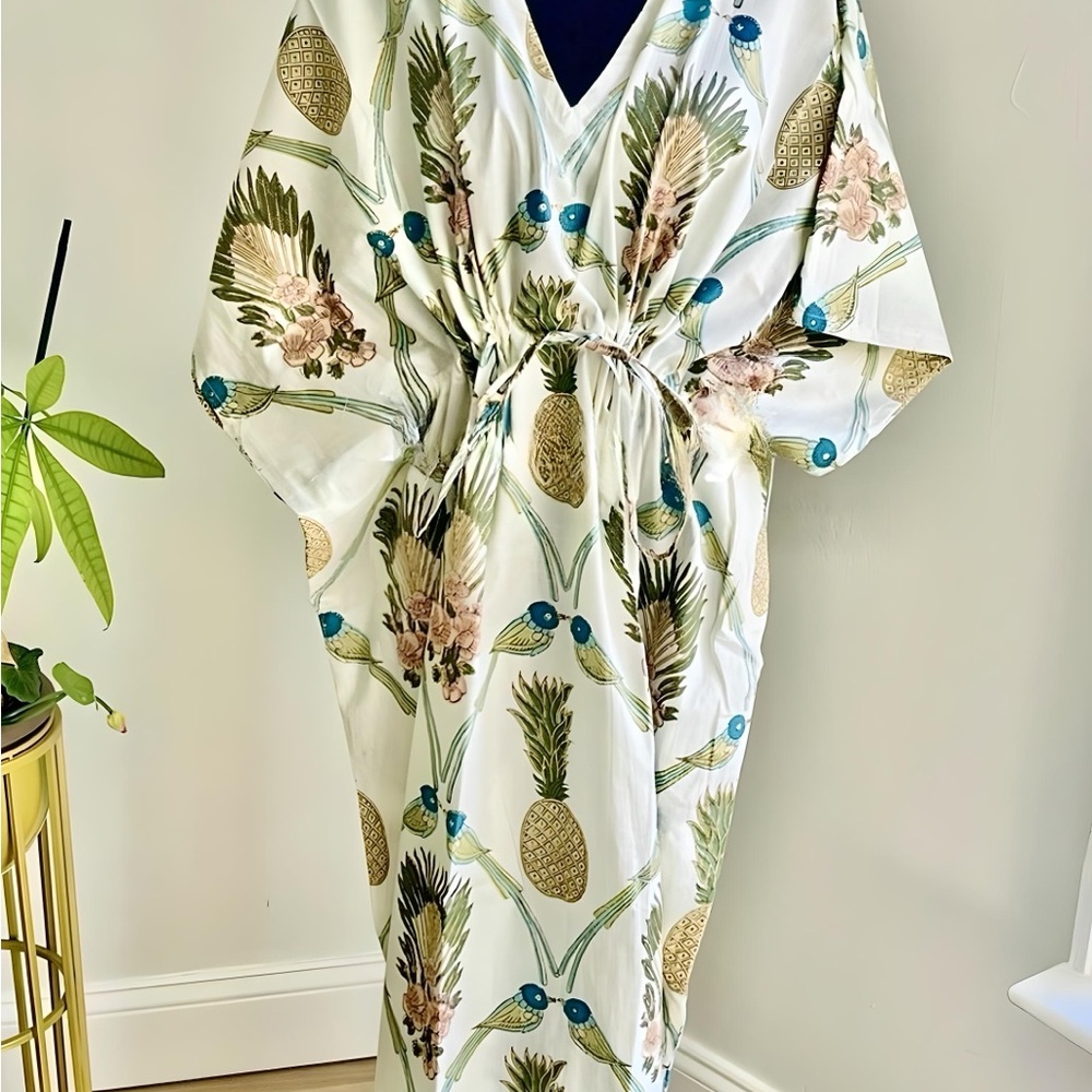 NEW Hand Block Printed Indian Cotton Kaftan Beach Coverup Nightgown Maxi Dress - Picture 9 of 10